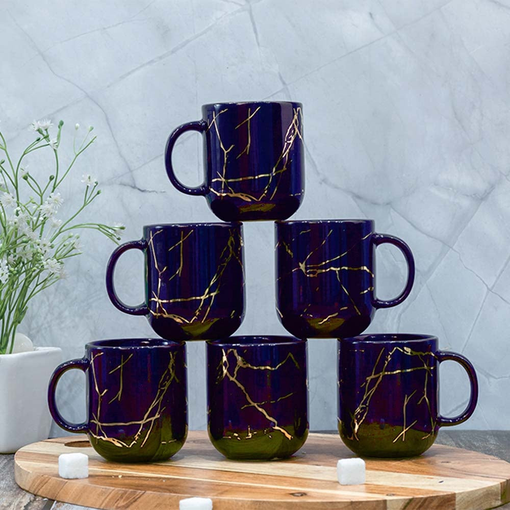 Femora Ceramic Marble Gold Print Coffee Mug (Blue) - 180 ml - 6 U
