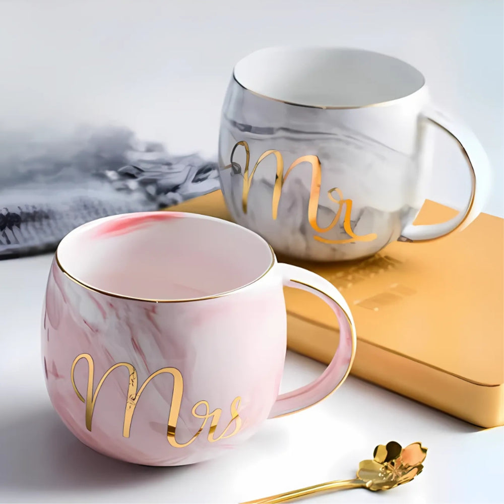 Femora Ceramic Mr & Mrs Coffee Mug (Grey & Pink) 300ml - Set Of 2 - 1 Unit