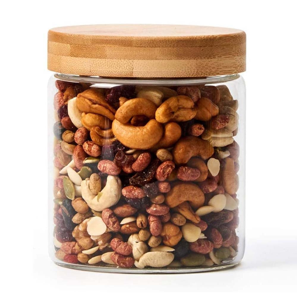 Femora Glassware Round Storage Jar With Wooden Lid - 350 ml