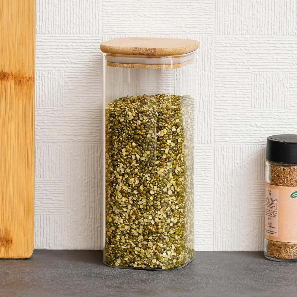 Femora Glassware Square Storage Jar With Wooden Lid - 1 L - 1 U