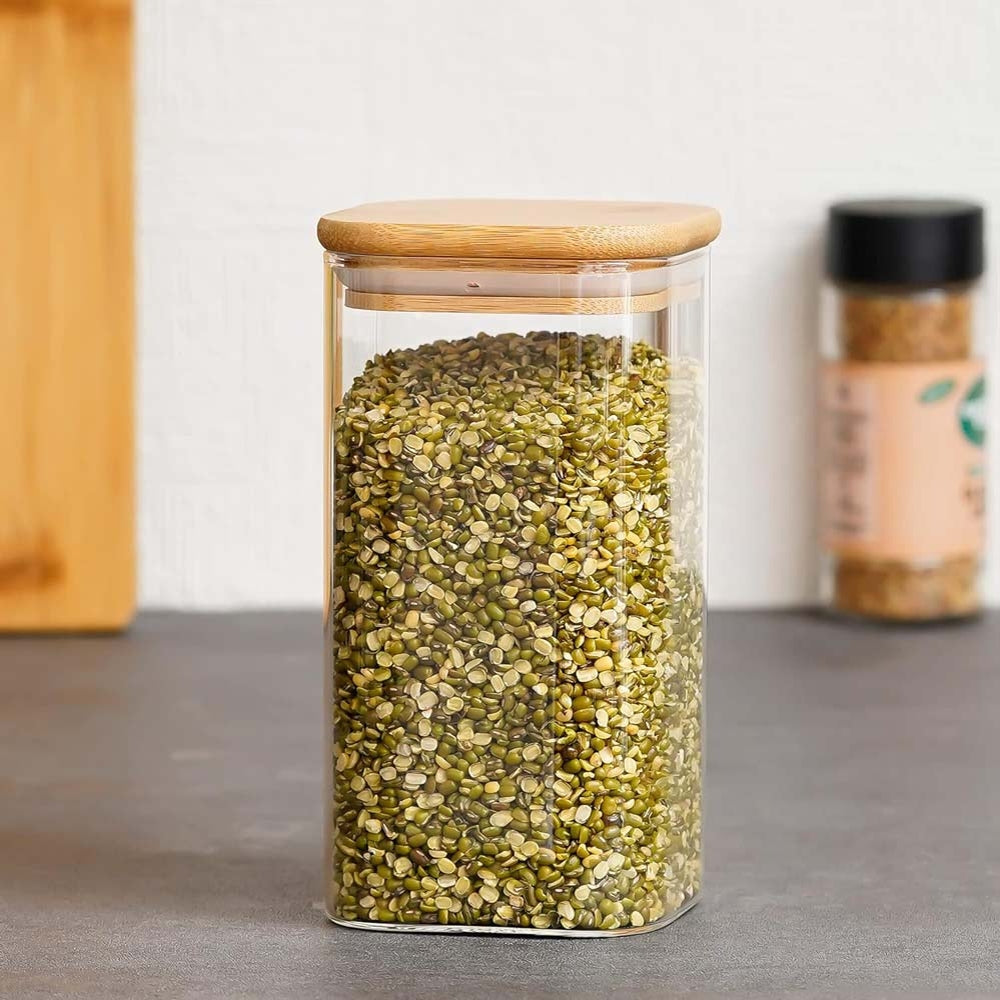 Femora Glassware Square Storage Jar With Wooden Lid - 700 ml