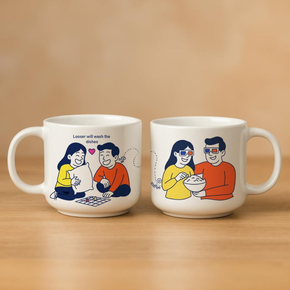 Fermora Ceramic Couple Mug (D1) - 350 ml (Off White) Set Of 2 - 1 Unit