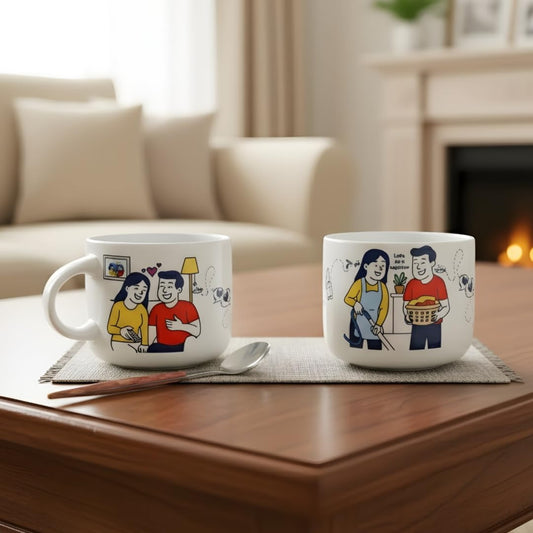 Fermora Ceramic Couple Mug (D3) - 350 ml (Off White) Set Of 2 - 1 Unit