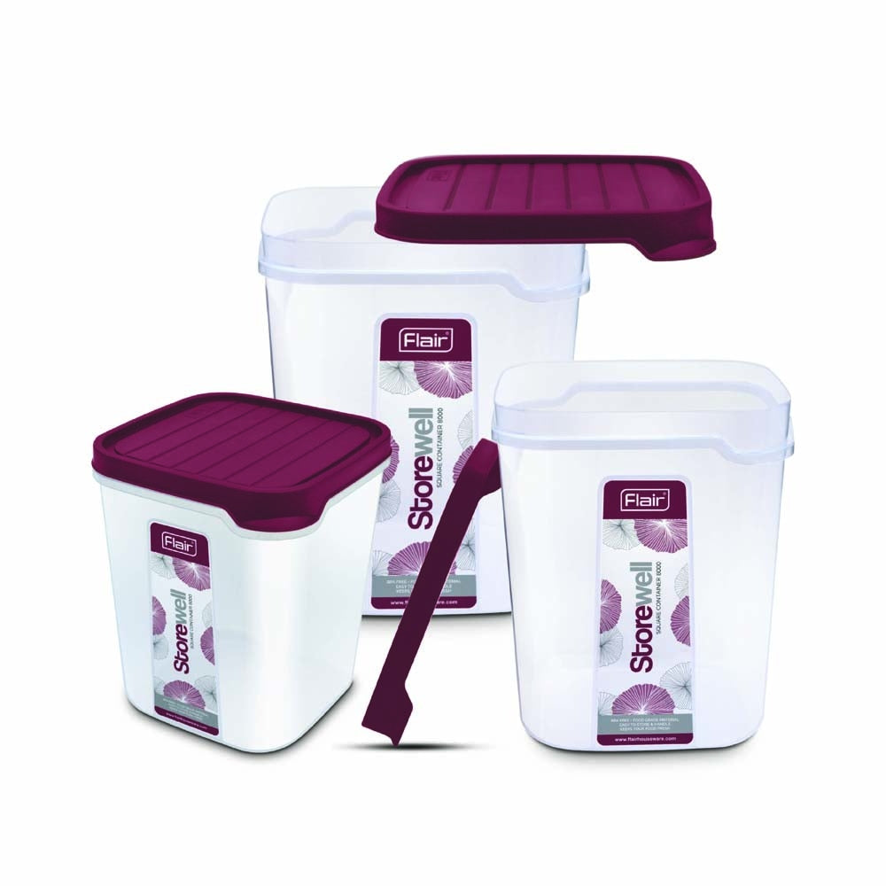 Flair Storewell Square Plastic Container (Maroon) - Set Of 3 - 1 U