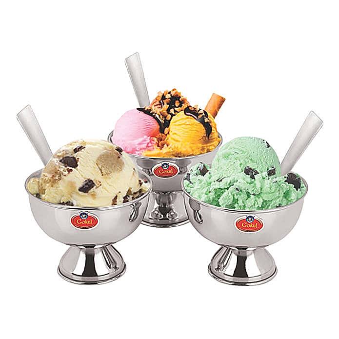 Gokul Steel Single Wall Ice-Cream Bowl & Spoon (Set of 6) - 1 U