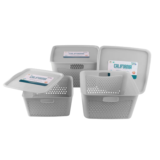 Happy Family California Basket Set With Lid (Grey) - 3 Pieces - 3 U