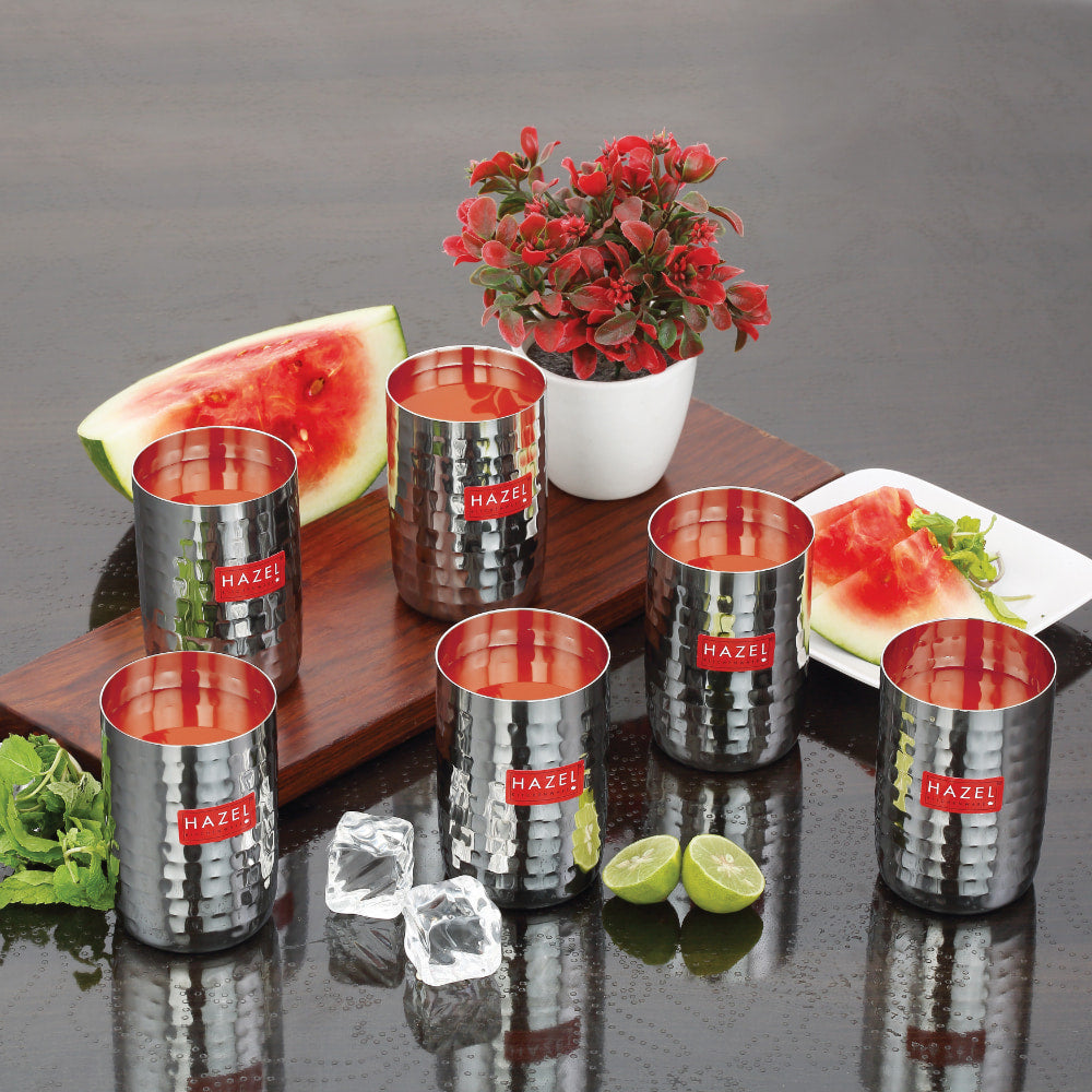 HAZEL Stainless Steel Hammered Amrapali Glass (350 ml) - Set of 6 - 1 Unit
