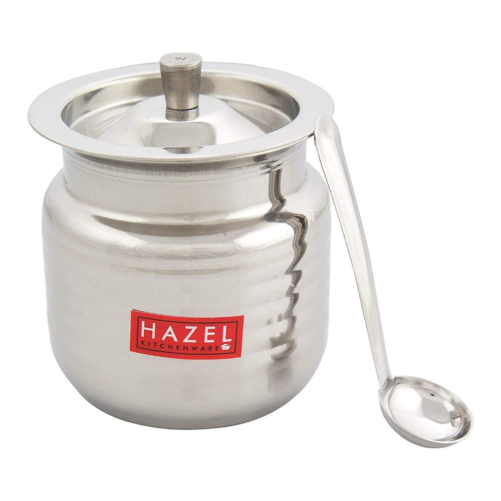 HAZEL Stainless Steel Hammered Finish Oil Ghee Pot With Spoon & Lid - 400 ml