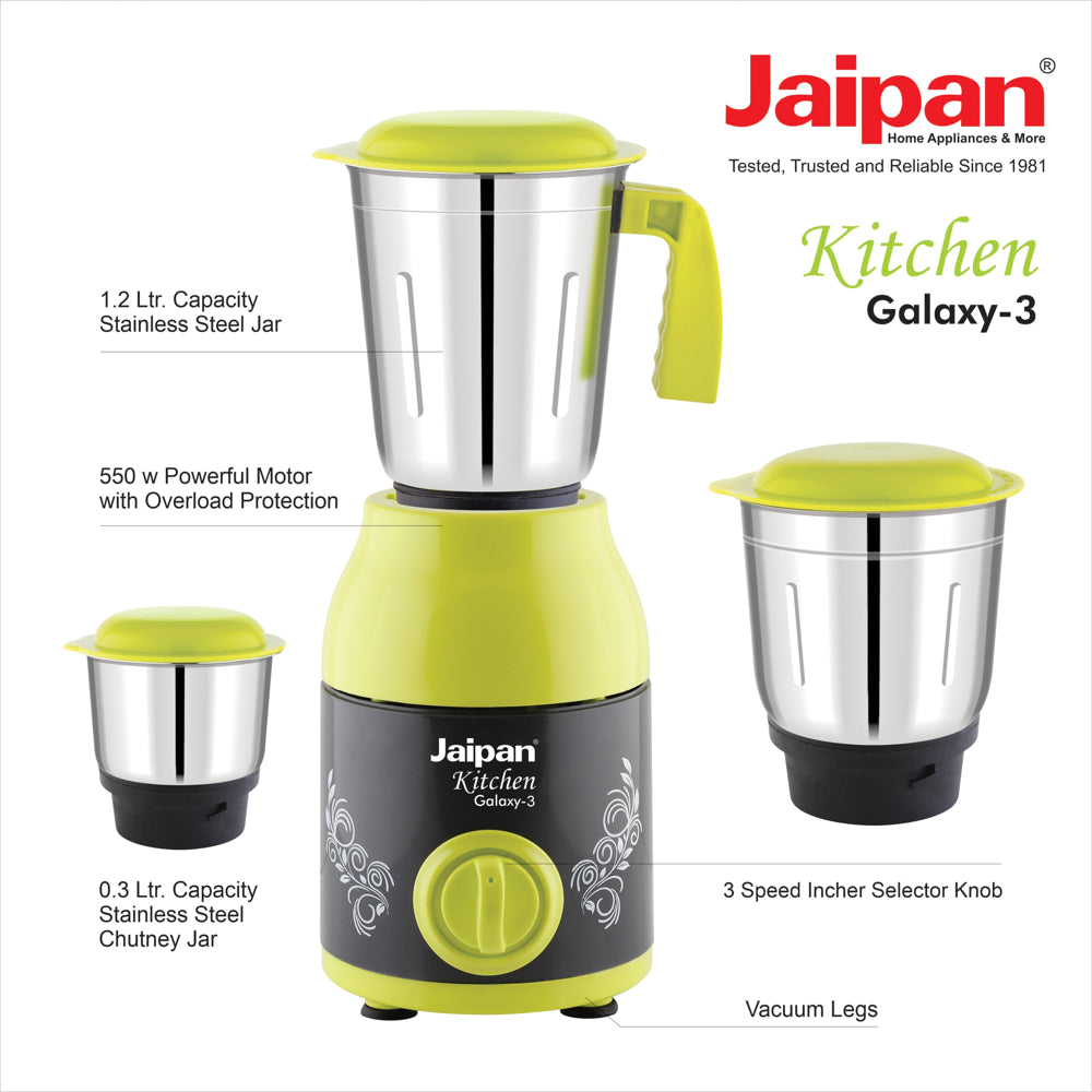 Jaipan Kitchen Galaxy-3 Mixer Grinder - 3 Jars (550 W) - Green & Black - 1 U