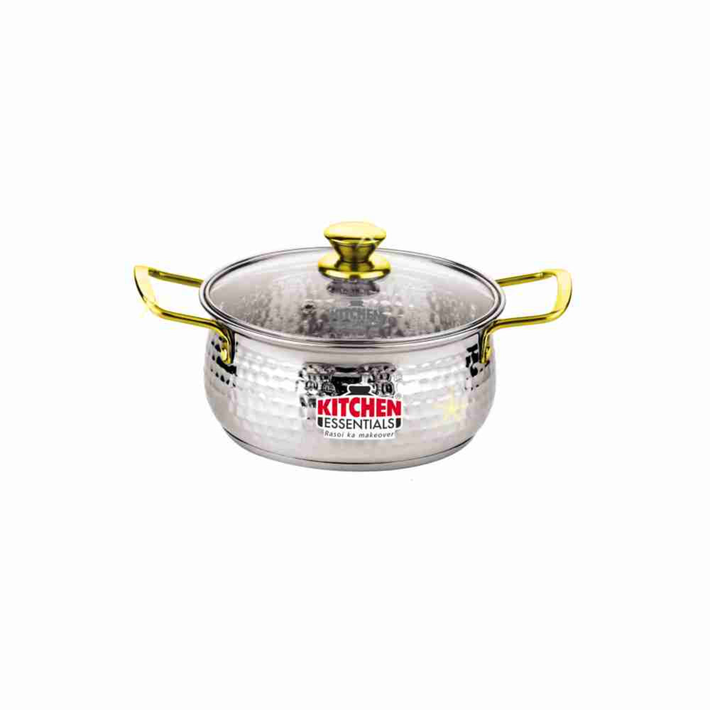 Kitchen Essentials Stainless Steel Belly Hammered Casserole With Glass Lid 16Cm - 1 U