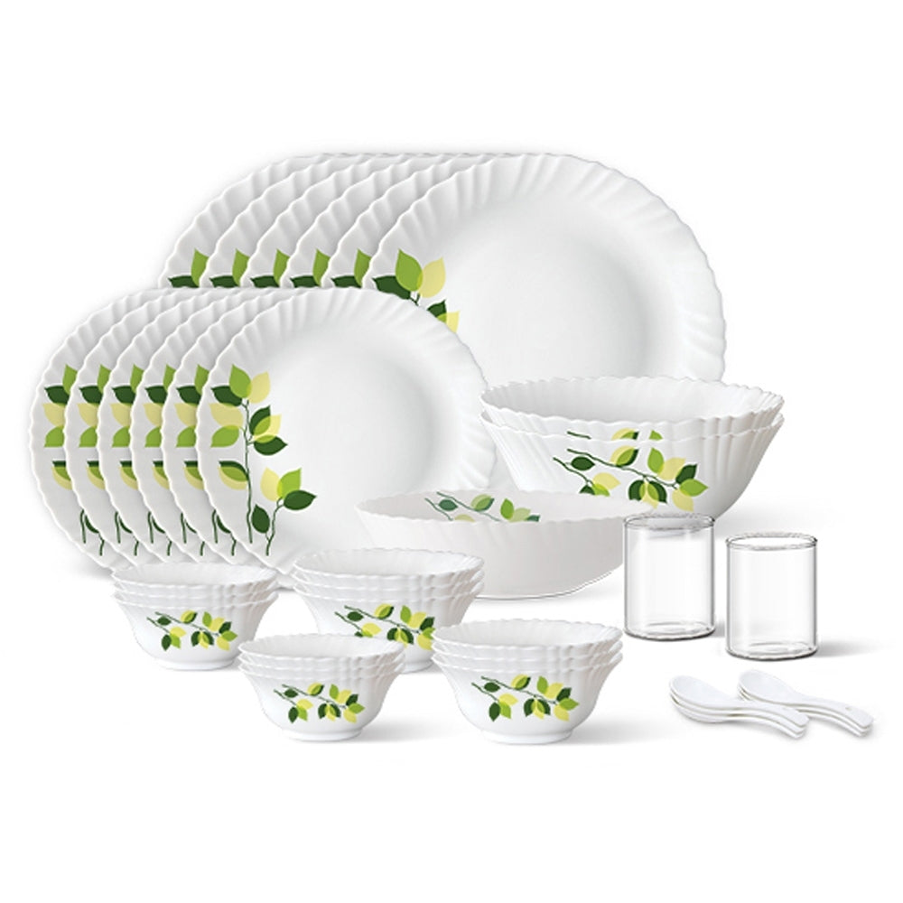 Larah By Borosil Dinner Set Green Leaves (35 Pieces) - 1 U