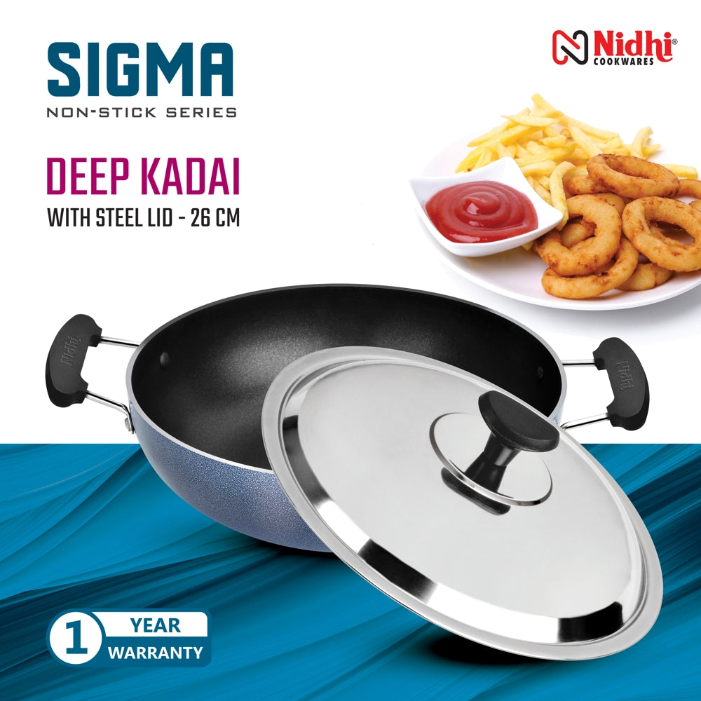 Nidhi Sigma Non Stick Deep Kadai With Steel Lid - Grey - 1 U