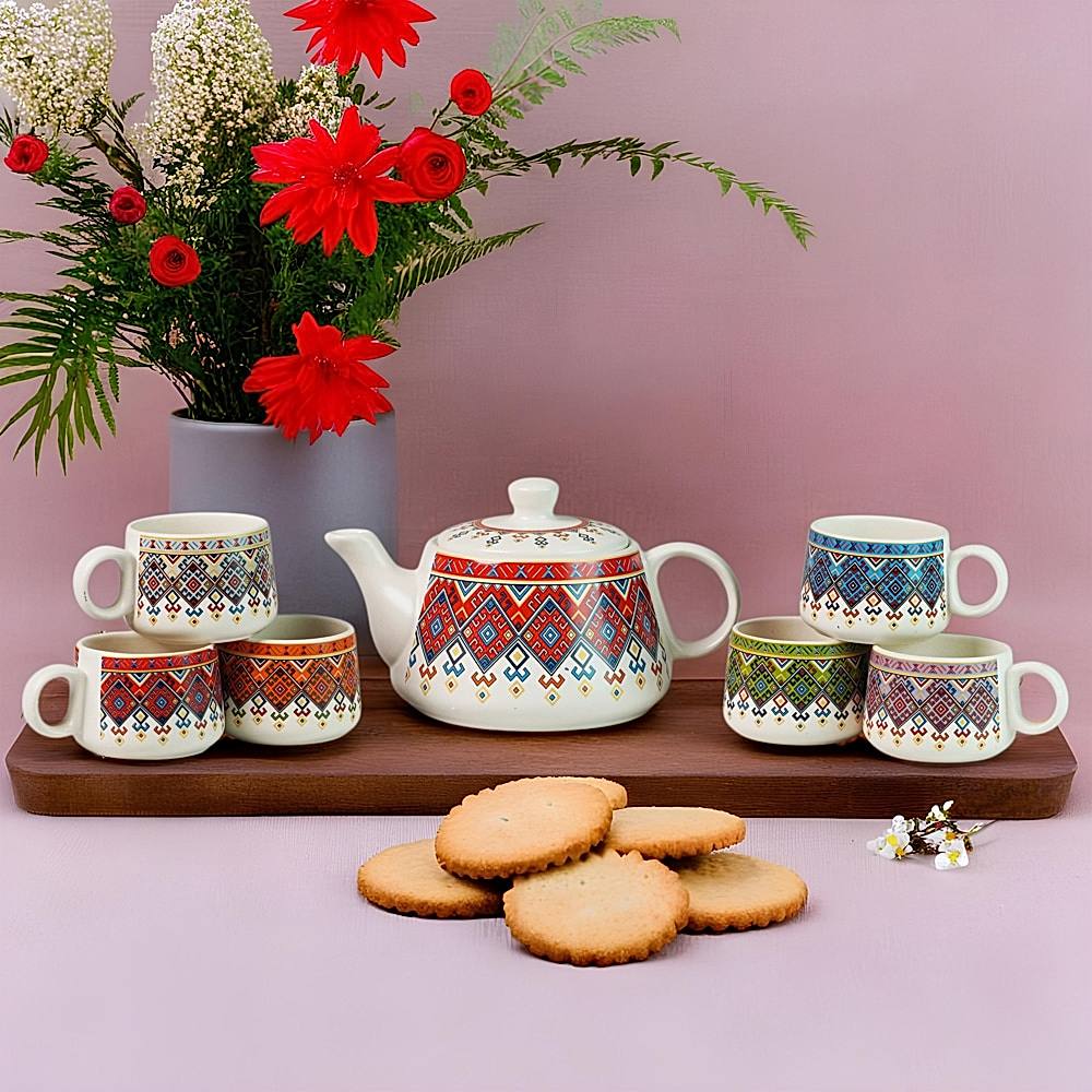Somny Ceramic Alive Morning Kettle & Mug (Multicolour) - Set Of 7 - 1 U