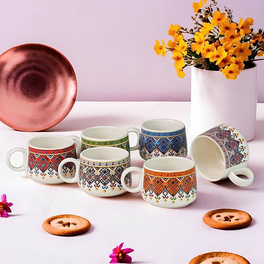 Somny Ceramic Alive Mug (Multicolour) 160 ml - Set Of 6 - 1 U