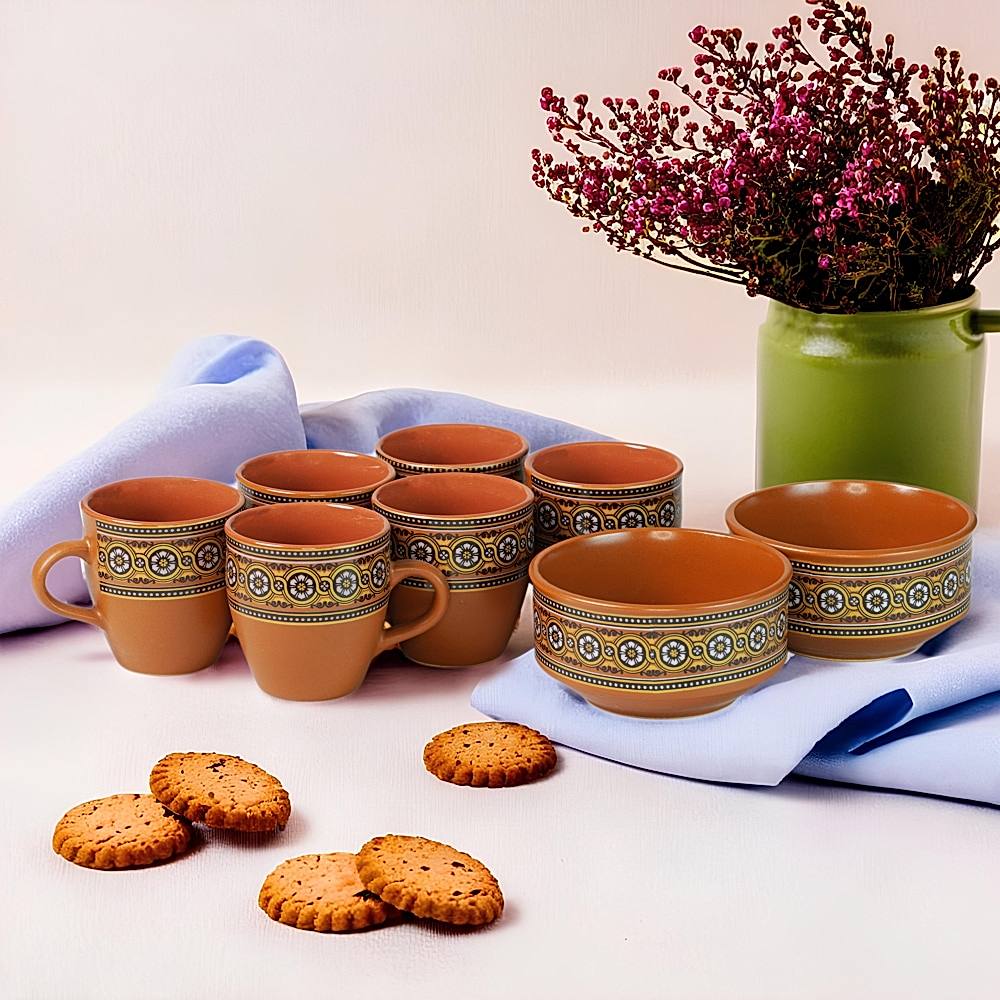 Somny Ceramic Snacks Bowl & Cup (Brown) - Set Of 8 - 1 U
