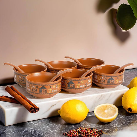 Somny Ceramic Soup Bowl & Spoon (Brown) - Set Of 12 - 1 U