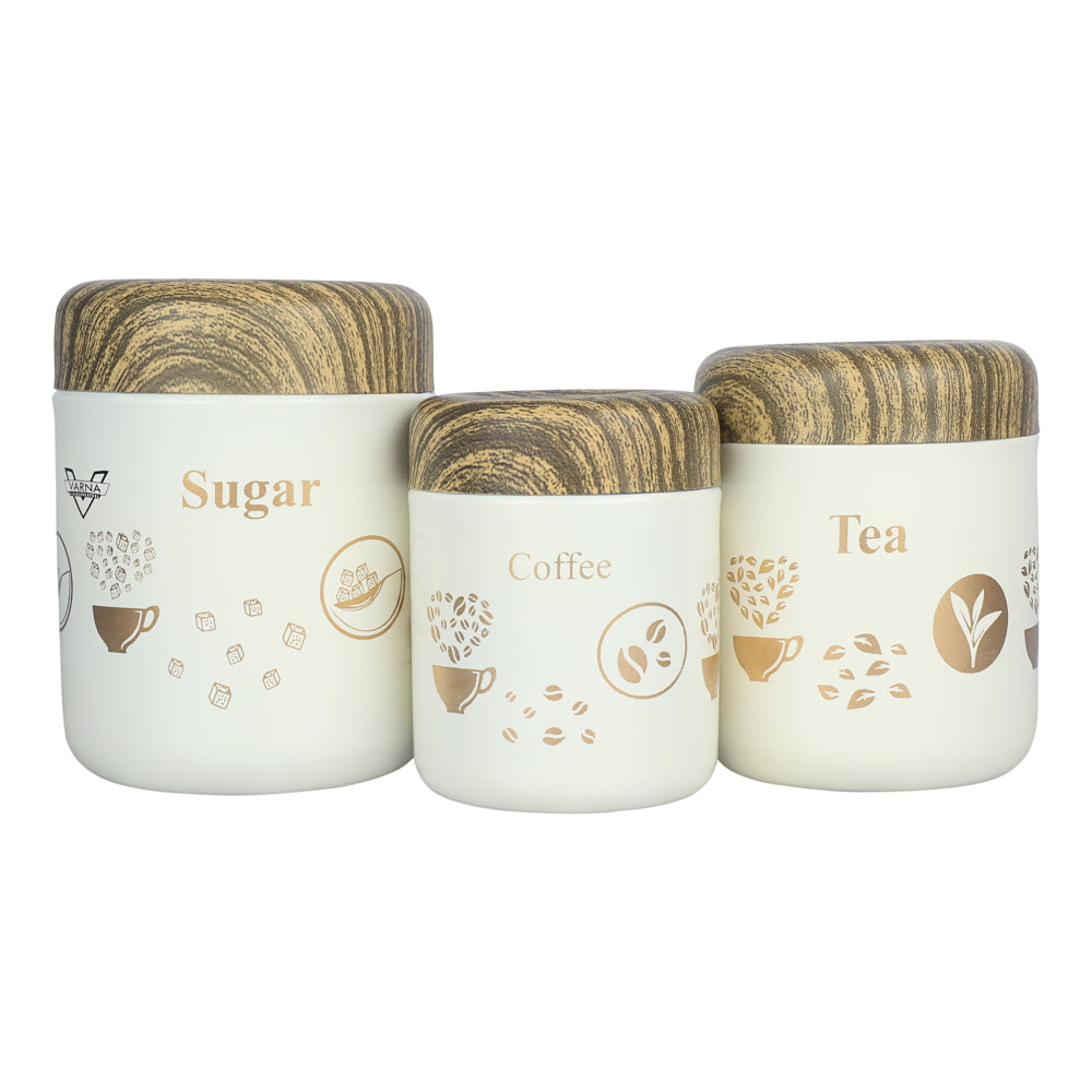 Varna Wooden Finish Tea Coffee And Sugar Containers - Set of 3 - 3 U