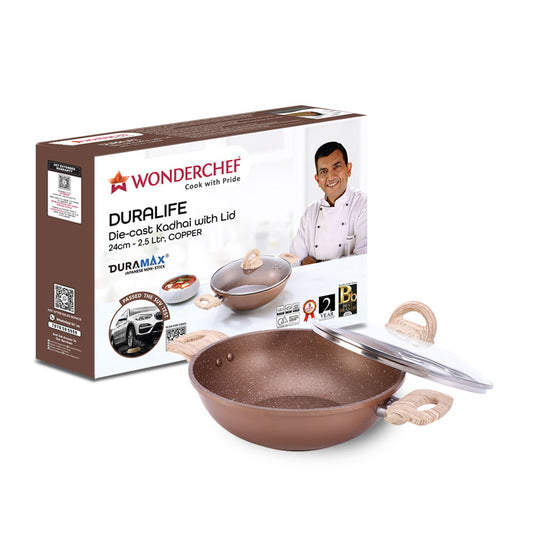 Wonderchef Duralife Die-cast Non-Stick Kadhai With Lid - Copper - 24 cm
