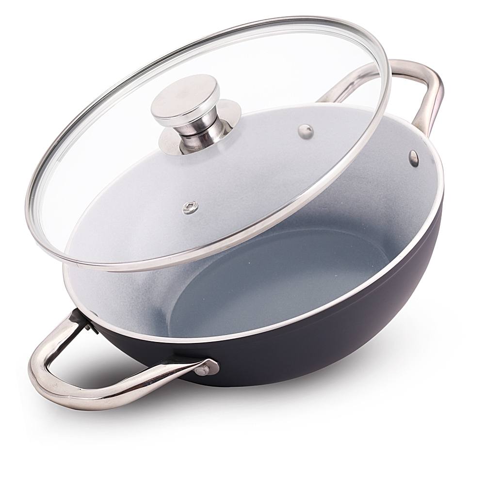 Wonderchef Eco-Glide Ceramic Coated Kadhai With Glass Lid (Grey) - 28Cm - 1 Unit