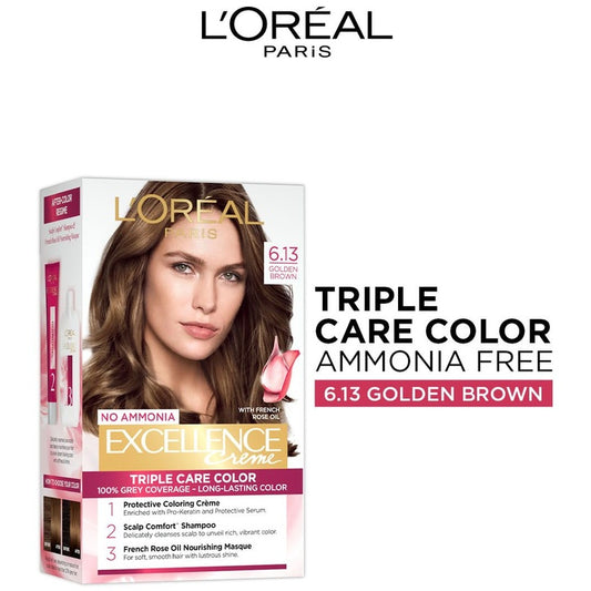 LOreal Paris New Excellence Creme Hair Color Shade 6.13 Golden Brown - 60g+60ml+12ml+40g