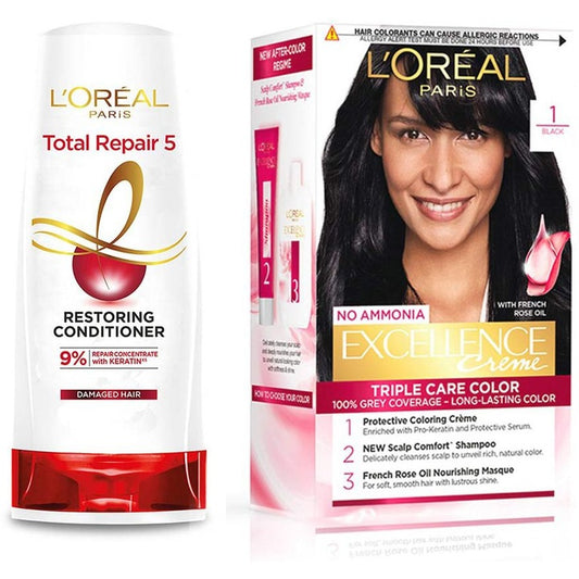 LOreal Paris Total Repair 5 Conditioner 180ml & Excellence Hair Color-Shade 1 (72ml+100g)