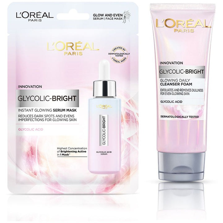 LOreal Paris Set of Glycolic Bright Cleanser Foam - 50 ml & Serum Sheet Mask - 22 g
