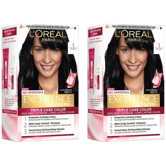 LOreal Paris Set of 2 Excellence Creme Triple Care Hair Color 72 ml+100g Each - Black 1