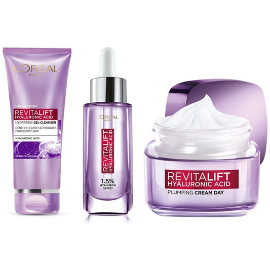 LOreal Set of Revitalift Hyaluronic Acid Serum+Plumping Day Cream+Hydrating Gel Cleanser