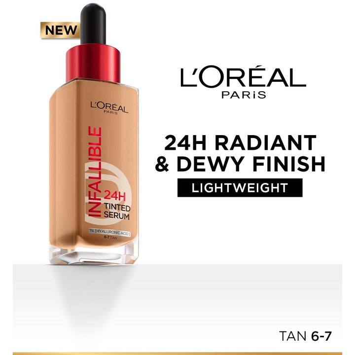 LOreal Paris Infallible 24H Lightweight Dewy Tinted Serum Foundation 30ml - Tan 6-7