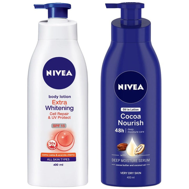 Nivea Set of Extra Whitening Cell Repair & Cocoa Nourish Deep Moisture Serum Body Lotions