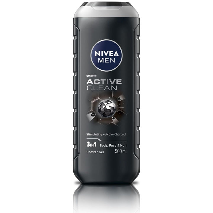 Nivea Men Active Clean 3-in1 Shower Gel with Charcoal for Body Face & Hair - 500ml
