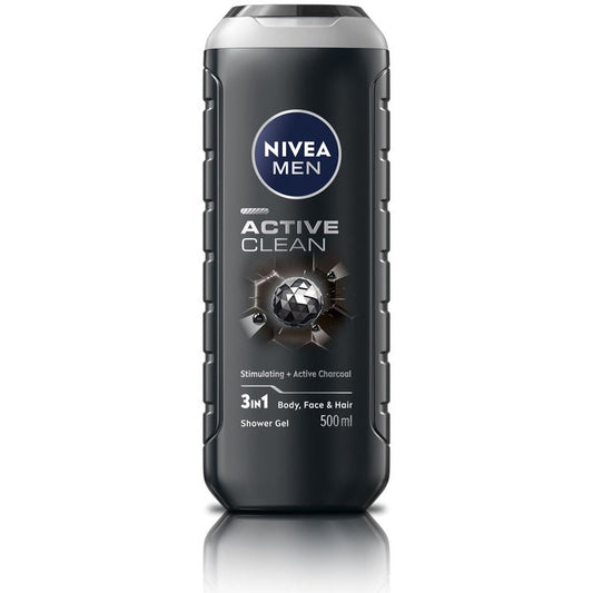 Nivea Men Active Clean 3-in1 Shower Gel with Charcoal for Body Face & Hair - 500ml