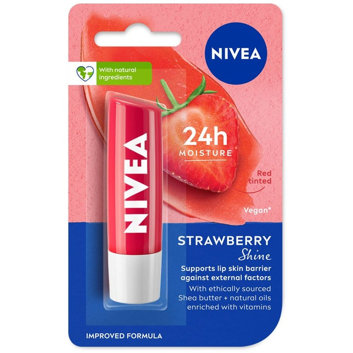 Nivea Women Strawberry Shine 24h Moisture Lip Balm with Natural Oils, Reddish Shine 4.8 g