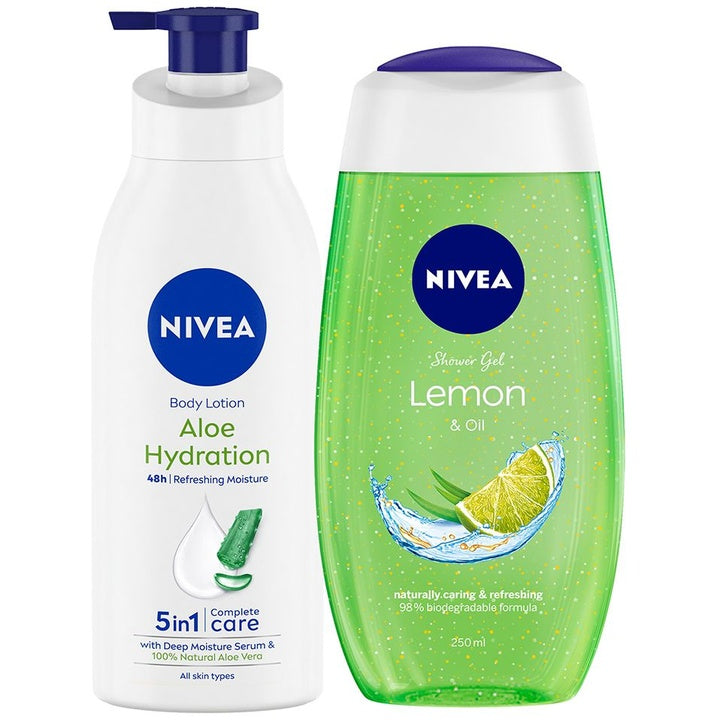 Nivea Set of Aloe Hydration Body Lotion and Lemon & Oil Shower Gel - 400ml + 250ml