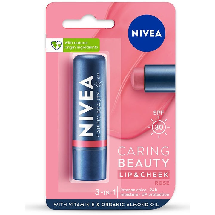 Nivea Caring Beauty SPF 30 Lip & Cheek Tint Balm with Shea Butter & Almond Oil - Rose
