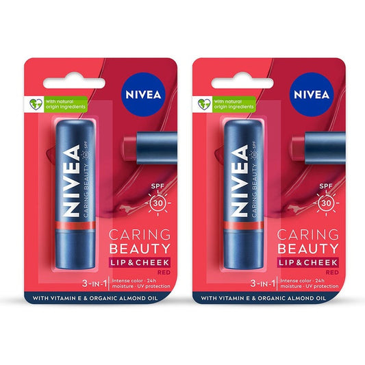 Nivea Set Of 2 Caring Beauty SPF 30 Lip & Cheek Tint With Vitamin E 4.8g Each - Red