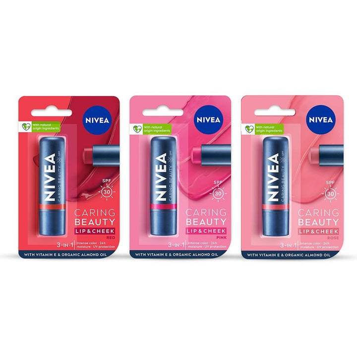 Nivea Set Of 3 Caring Beauty SPF 30 Lip & Cheek Tint With Vitamin E - 4.8g Each