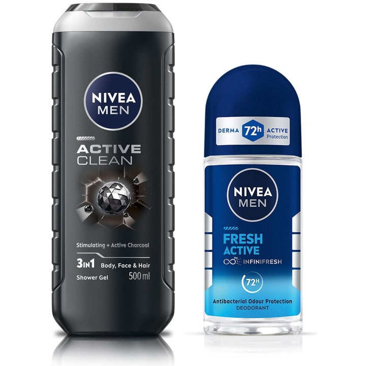 Nivea Men Set of Active Clean 3-in1 Shower Gel 500ml & Fresh Active Roll-On Deo 50ml