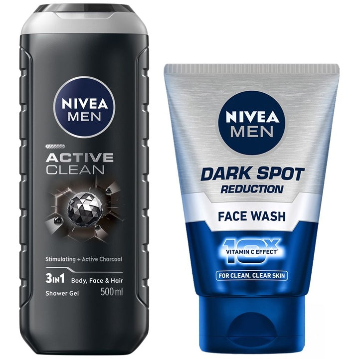 Nivea Men Set of Dark Spot Reduction Face Wash 100g & Active Clean 3-in1 Shower Gel 500ml