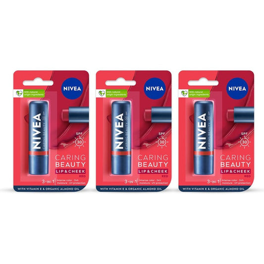 Nivea Set of 3 Caring Beauty SPF 30 Lip & Cheek Tint Balm with Shea Butter 4.8 g Each -Red