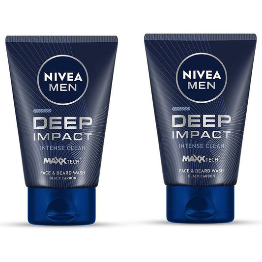Nivea Men Set Of 2 Deep Impact Intense Clean Face & Beard Wash 100ml Each - Black Carbon