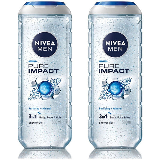 Nivea Men Set of 2 Pure Impact 3-in1 Shower Gel for Body Face & Hair - 500 ml each