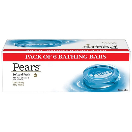 Pears Set of 6 Soft & Fresh Bathing Bar with 98% Pure Glycerine & Mint Extract - 125g each