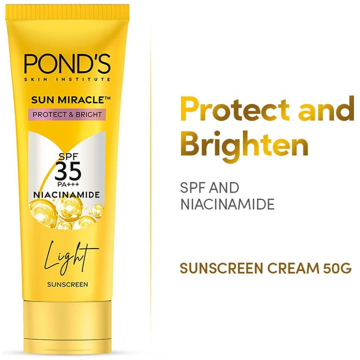 Ponds Sun Miracle SPF 35 PA+++ Protect & Bright Light Sunscreen with Niacinamide - 50g
