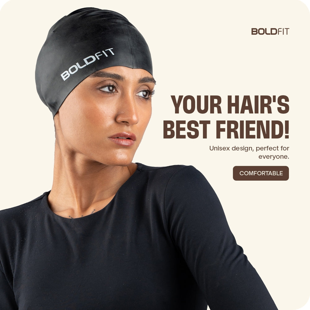 Boldfit Silicone Swimming Head Cap - Black - 1 U