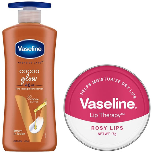 Vaseline Glowing Skin & Hydrated Lips - Cocoa Glow Body Lotion 400 ml & Lip Balm-Rosy Lips