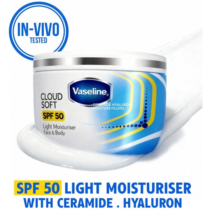 Vaseline Cloud Soft SPF50 Non-Sticky Light Moisturiser with Ceramides & Hyaluron - 200 ml