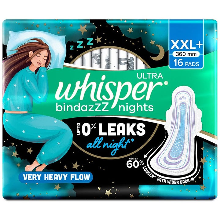 Whisper Bindazzz Nights XXL+ Sanitary Pads with Upto 0% Leaks All Night Long - 16 Pads