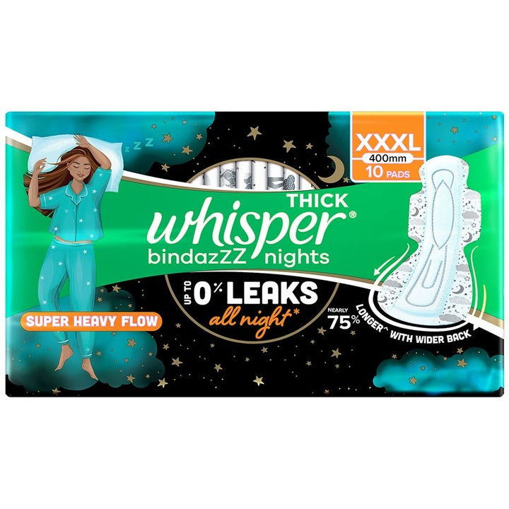 Whisper Bindazzz Nights XXXL Sanitary Pads with Upto 0% Leaks All Night Long - 10 Pads