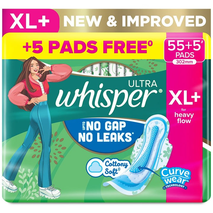 Whisper Ultra Upto No Gap No Leaks Sanitary Pads - 60 XL+ Pads